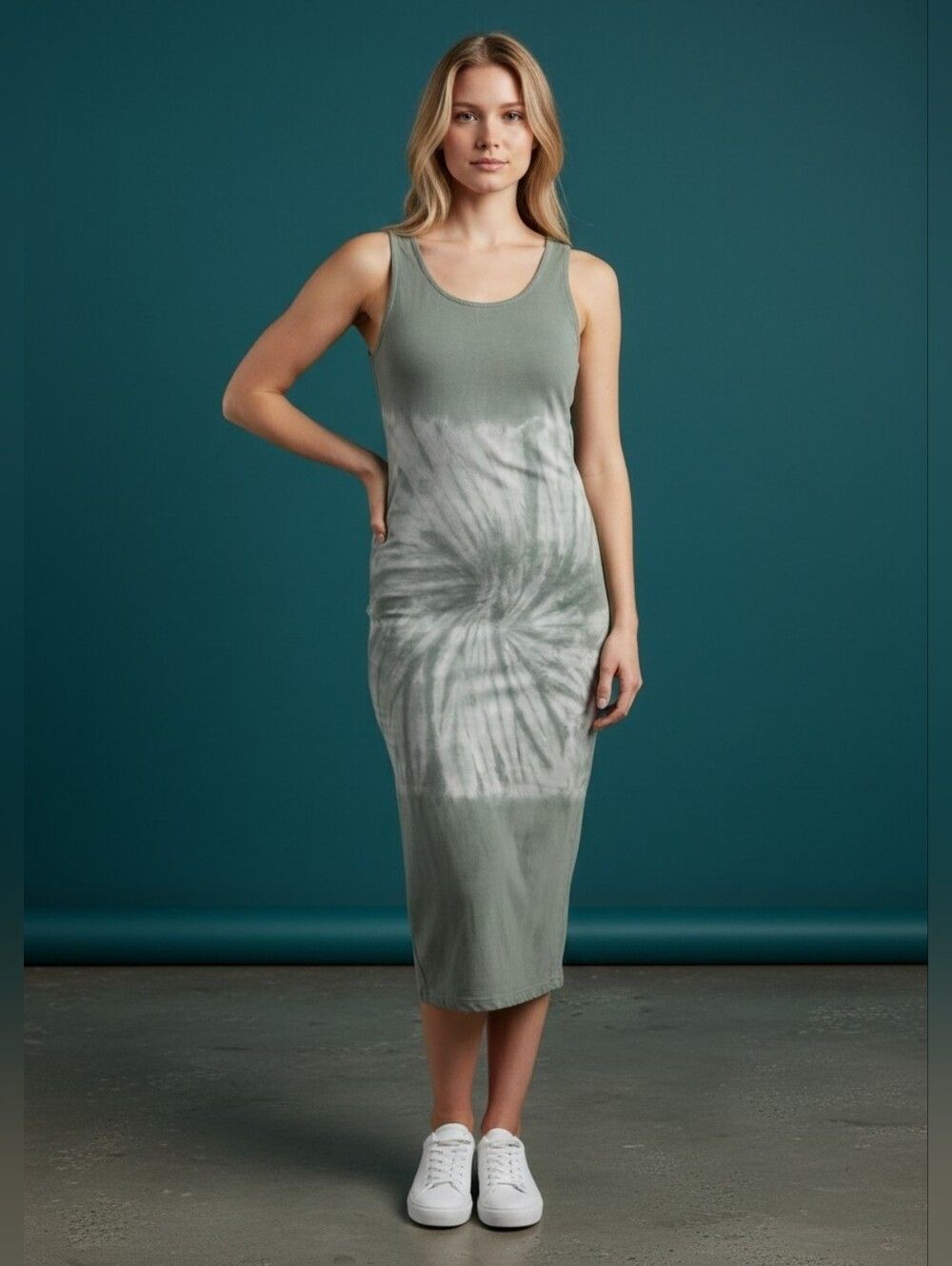 Sleeveless Tie-Dye Tank Midi Dress in Sage Green